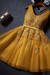 Gold Cute V Neck Sleeveless Appliques Tulle Homecoming Gown A Line Short Prom Dress