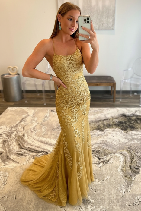 Gold Lace Mermaid Backless Long Prom Dresses