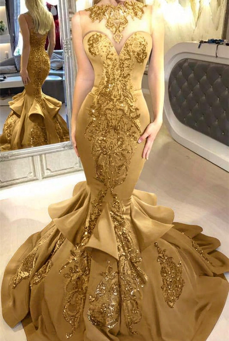Gold Mermaid Beads Prom Dresses Appliques Evening Dresses