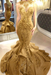 Gold Mermaid Beads Prom Dresses Appliques Evening Dresses
