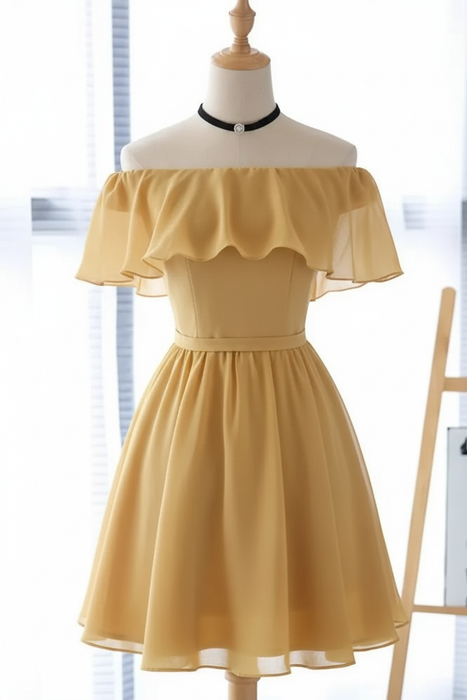 Gold Off Shoulder Chiffon Homecoming Dress