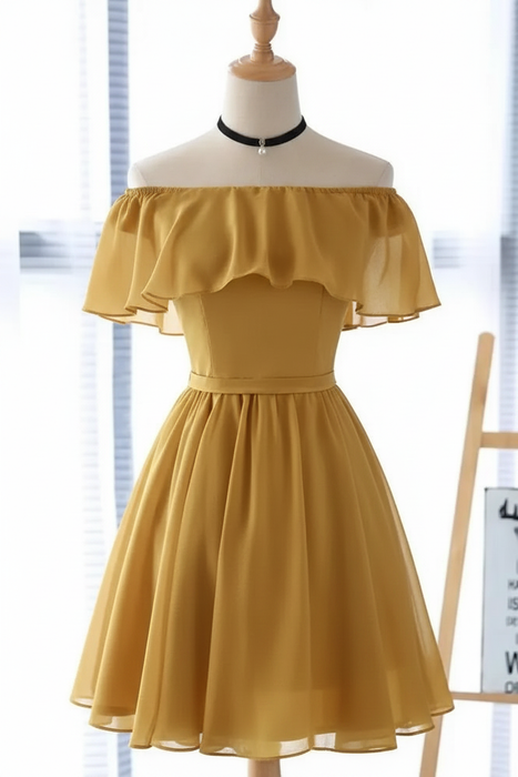 Gold Off the Shoulder Chiffon Homecoming Cute Short Graduation Dress - Prom Dresses