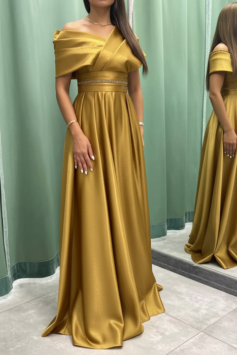 Gold Elegant Off-the-Shoulder Long Evening Dress Pleated