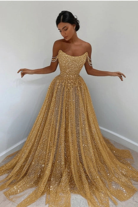 Gold Off-the-Shoulder Prom Dress Long with Sequins - Prom Dresses