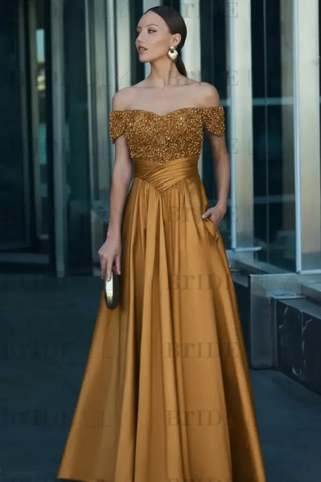 Gold Off-the-Shoulder Satin Aline Formal Dress with Beadings