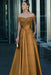 Gold Off-the-Shoulder Satin Aline Formal Dress with Beadings