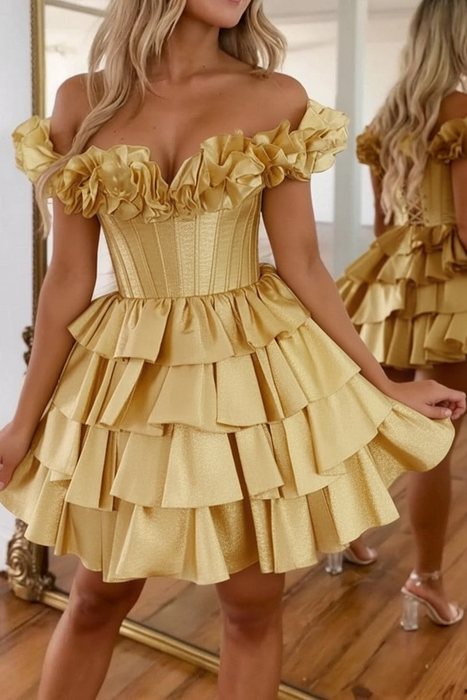 Gold Off-the-Shoulder Satin Corset Graduation Dress Short Cocktail Dress