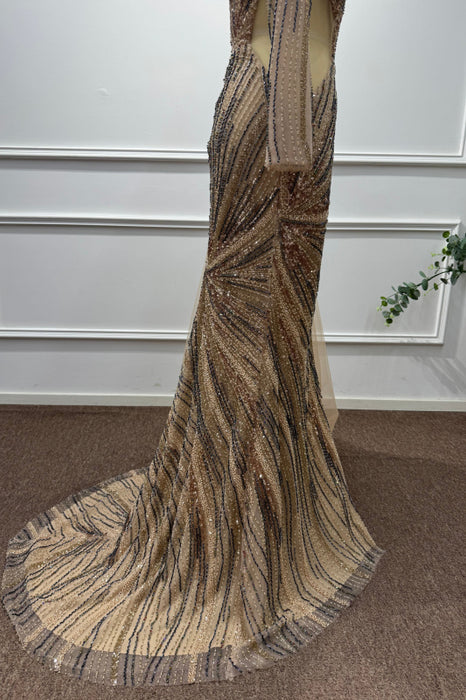 Gold One Shoulder Long Sleeves Beadings Mermaid Prom Dress - Prom Dresses