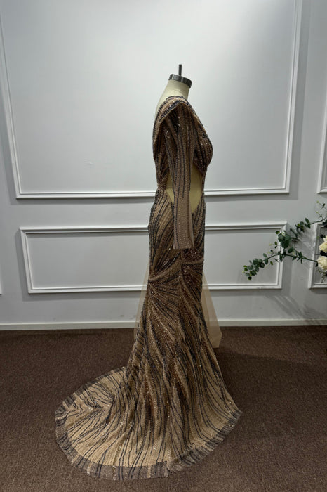 Gold One Shoulder Long Sleeves Beadings Mermaid Prom Dress - Prom Dresses