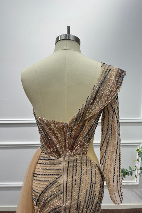 Gold One Shoulder Long Sleeves Beadings Mermaid Prom Dress - Prom Dresses