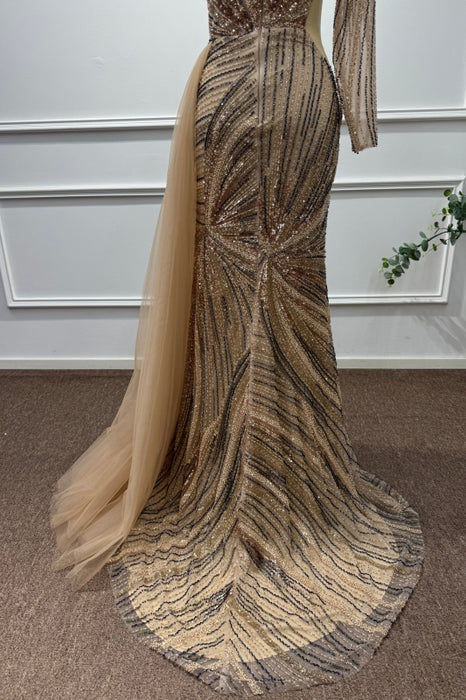 Gold One Shoulder Long Sleeves Beadings Mermaid Prom Dress - Prom Dresses