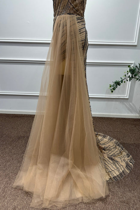 Gold One Shoulder Long Sleeves Beadings Mermaid Prom Dress - Prom Dresses