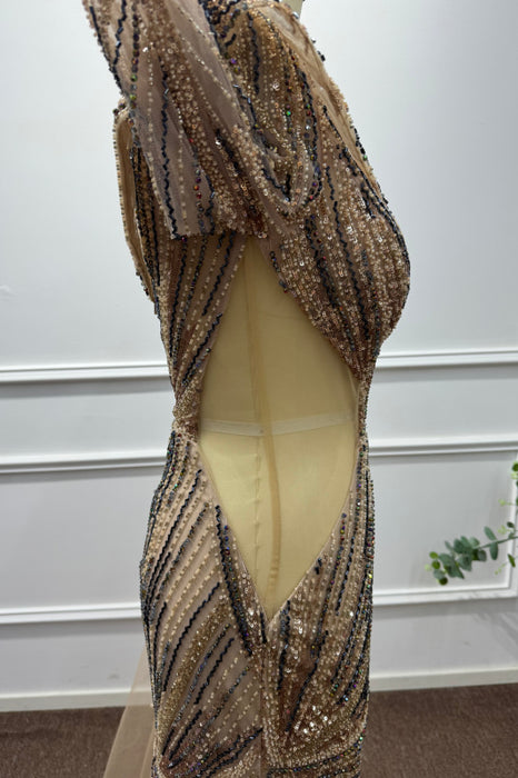 Gold One Shoulder Long Sleeves Beadings Mermaid Prom Dress - Prom Dresses