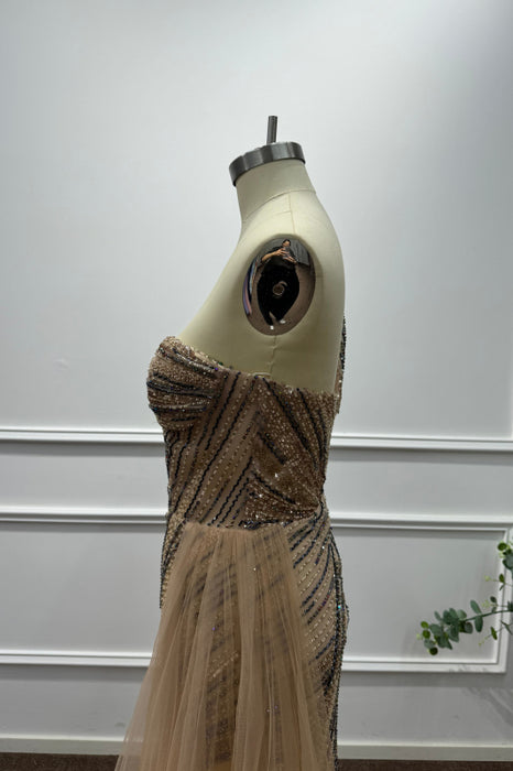 Gold One Shoulder Long Sleeves Beadings Mermaid Prom Dress - Prom Dresses