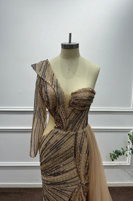 Gold One Shoulder Long Sleeves Beadings Mermaid Prom Dress - Prom Dresses