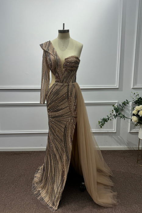 Gold One Shoulder Long Sleeves Beadings Mermaid Prom Dress - Prom Dresses