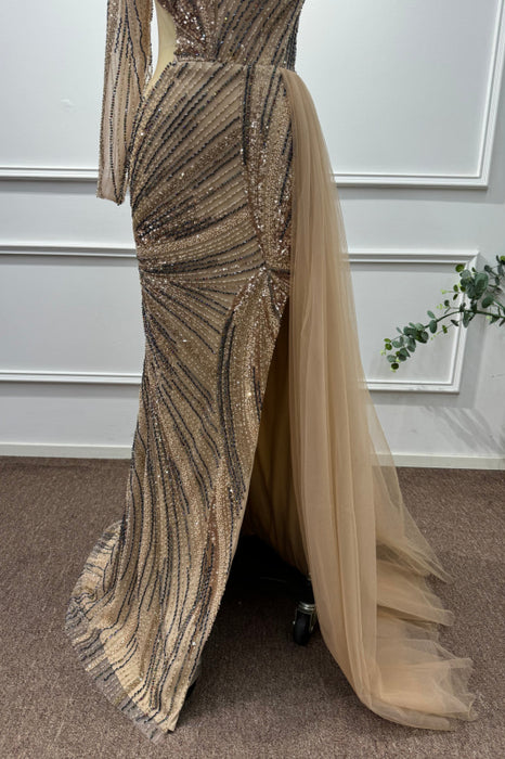Gold One Shoulder Long Sleeves Beadings Mermaid Prom Dress - Prom Dresses