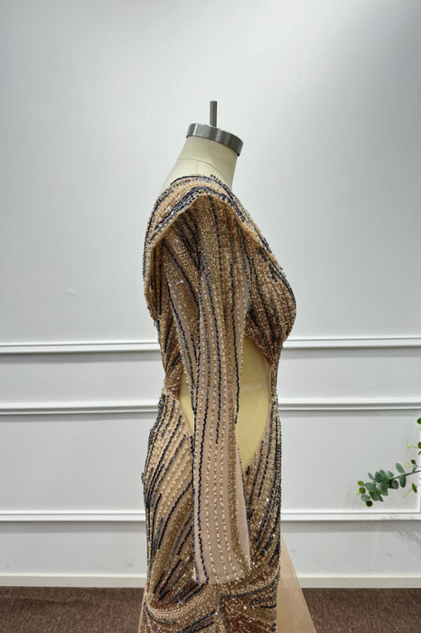 Gold One Shoulder Long Sleeves Beadings Mermaid Prom Dress - Prom Dresses