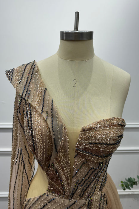 Gold One Shoulder Long Sleeves Beadings Mermaid Prom Dress - Prom Dresses