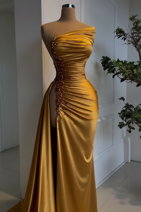 Gold Pearl Strapless Prom Dress with Long Slit