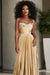Gold Pleated A-Line One Shoulder Prom Dress Gown with Front Split - Prom Dresses