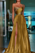 Gold Pleated A-Line One Shoulder Prom Dress Gown with Front Split - Prom Dresses