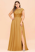Gold Plus Size Bridesmaid Dress Lace with Split Cap Sleeves Chiffon Wedding Guest Dress