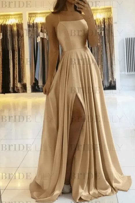 Gold Simple Prom Dress Long With Spaghetti Straps Front Slit Satin Evening Dress