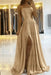 Gold Simple Prom Dress Long With Spaghetti Straps Front Slit Satin Evening Dress