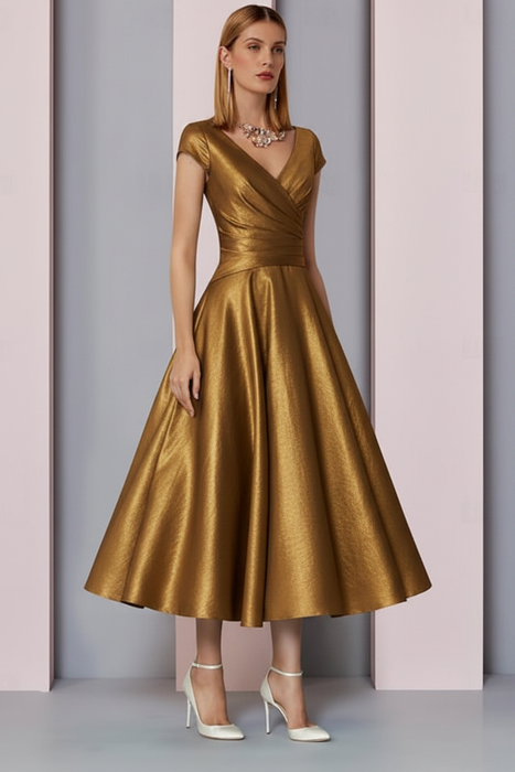 Gold Satin A-Line Mother of the Bride Dress V Neck Tea Length Wedding Guest Dress - Prom Dresses