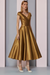 Gold Satin A-Line Mother of the Bride Dress V Neck Tea Length Wedding Guest Dress - Prom Dresses