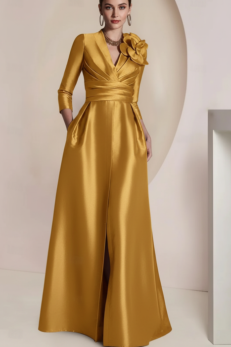 Gold Satin V-Neck Mother of the Bride Dress with 3/4 Sleeves with Split Front