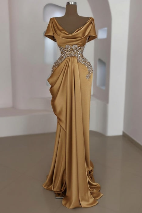 Gold Scoop Neck Ruffles Satin Prom Dress Mermaid Sleeveless Evening Dress with Beads