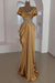 Gold Scoop Neck Ruffles Satin Prom Dress Mermaid Sleeveless Evening Dress with Beads