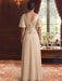 Back view of gold sequin lace bodice chiffon gown in champagne
