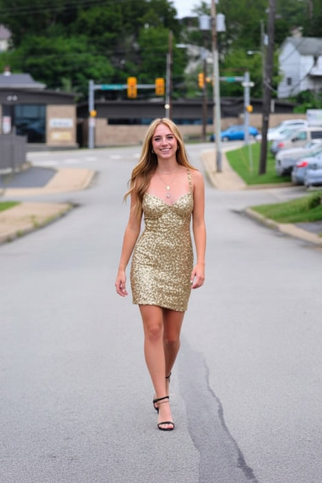 Gold Sparkly Sequined Slim Short Homecoming Dress