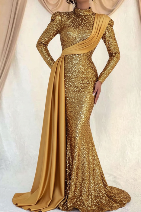 Gold Sequins Long Sleeves High Collar Mermaid Prom Dress with Ruffle