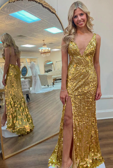 Gold Sequins V Neck Backless Sleeveless High Slit Prom Dress