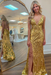 Gold Sequins V Neck Backless Sleeveless High Slit Prom Dress