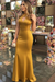 Gold Sheath Sleeveless Halter Floor-Length With Ruffles Satin Dresses - Prom Dresses