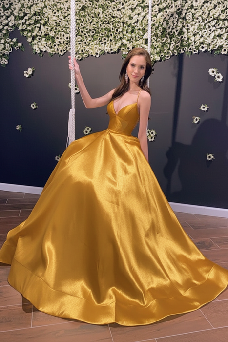 Gold Simple A Line V Neck Backless Yellow Long Prom Dresses