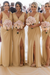 Gold Simple V Neck Sleeveless Sheath Pleated Chiffon Bridesmaid Dress with Split