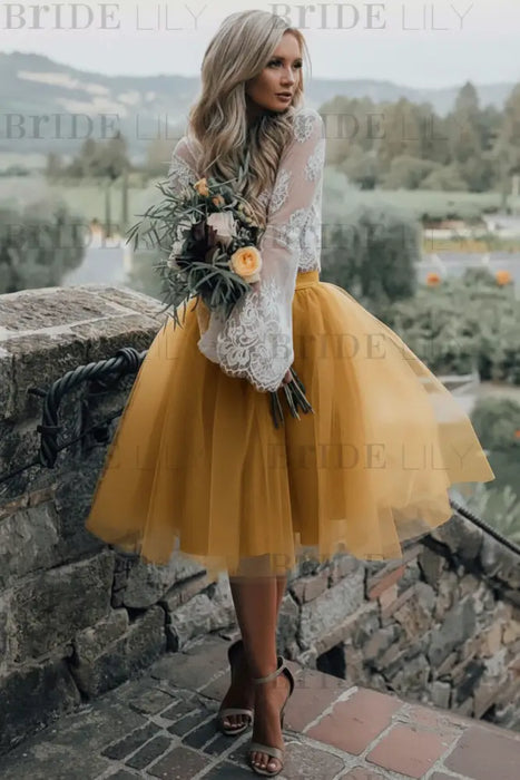 Gold Simple Wedding Dress A Line Designed Neckline Lace Tulle Bridal Gowns