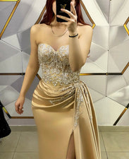 Gorgeous Sequined V-neck Sleeveless Stretch Satin Mermaid Prom Dress with Appliques