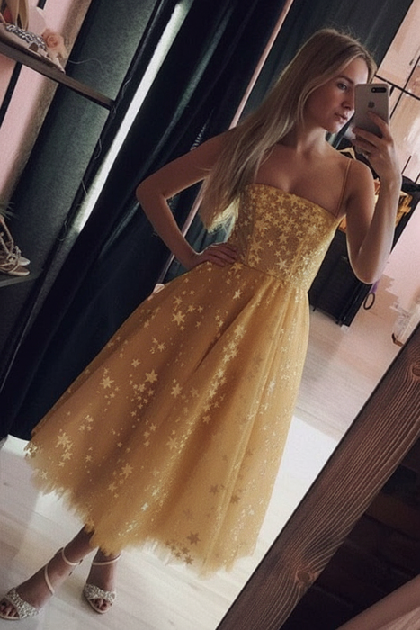 Gold Spaghetti Strap Tea Length Tulle Homecoming Dress Midi Prom Dresses - Prom Dresses