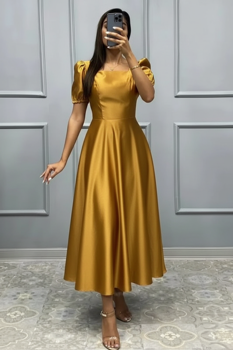 Gold Square Neck A-Line Prom Dress with Short Sleeves