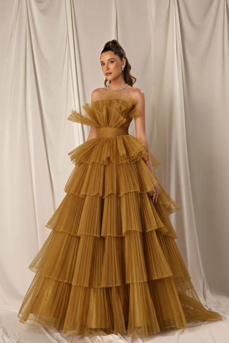 Gold Strapless Mermaid Evening Gown with Layers and Sleeveless Design