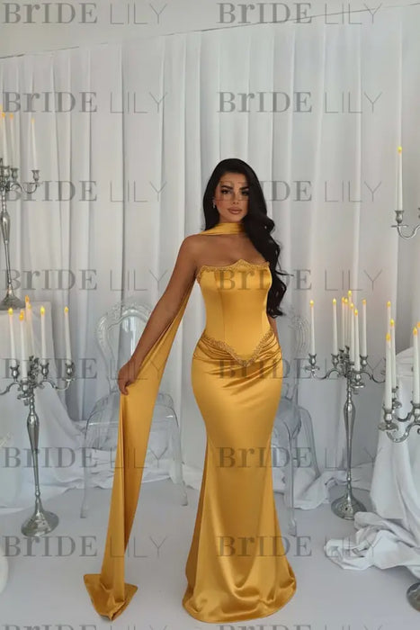 Gold Stunning Satin Mermaid Prom Dress Yellow Beadings with Wrap