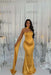 Gold Stunning Satin Mermaid Prom Dress Yellow Beadings with Wrap
