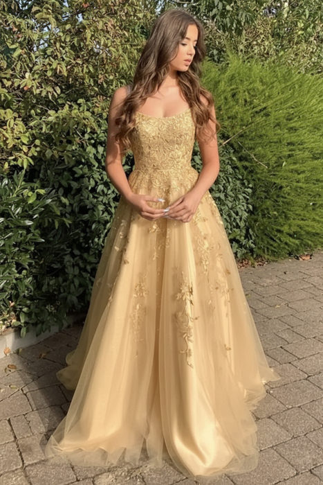 Gold Stylish Lace Long Prom Dress with Spaghetti Straps